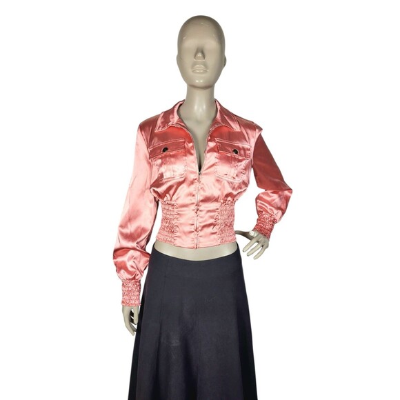 Vintage 90s Y2K XOXO Pink Velveteen Satin Cropped Smocked Blouse Jacket Med NEW - Picture 3 of 10